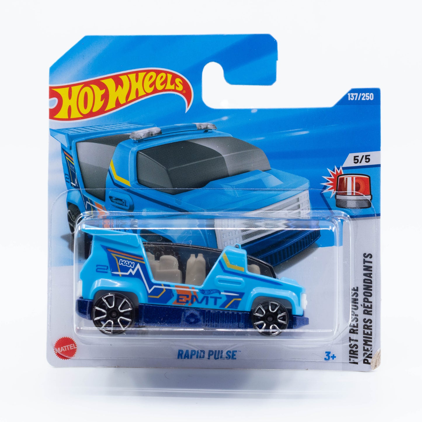 Hot Wheels Rapid Pulse futuristic ambulance diecast car in 1:64 scale with sleek design and emergency vehicle markings.