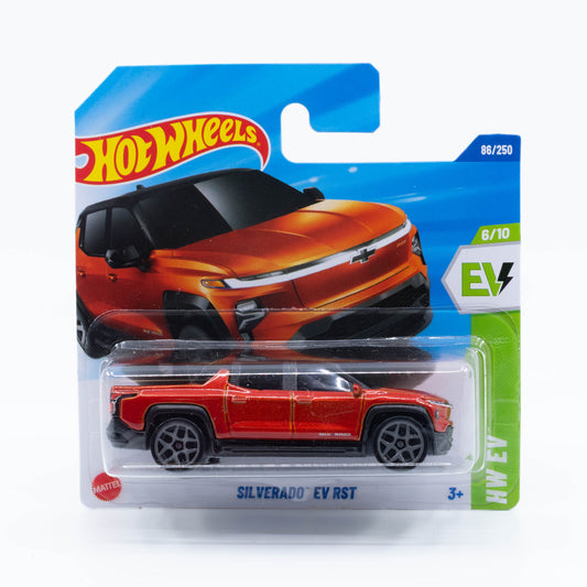 Hot Wheels 1:64 scale Chevrolet Silverado EV RST electric truck diecast model in metallic finish.