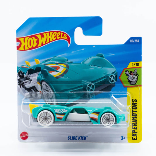 Hot Wheels Slide Kick 1:64 scale diecast car with martial arts-inspired aggressive design and bright decals.