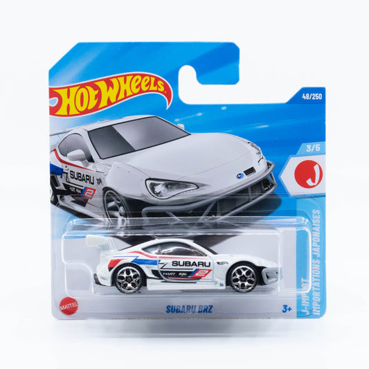 Hot Wheels 1:64 Subaru BRZ drift car with wide body kit, racing livery, and lowered stance.