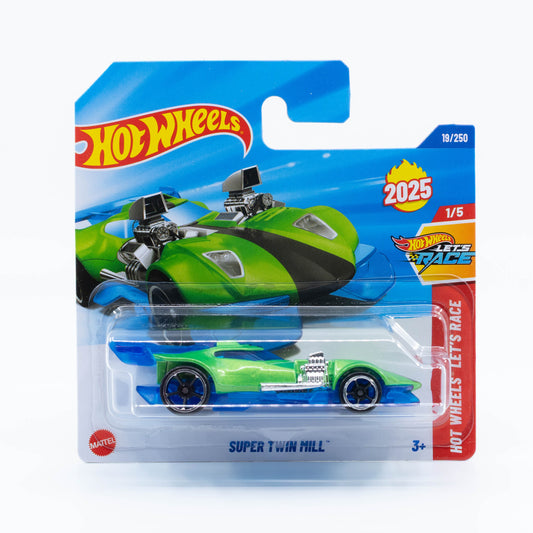 Hot Wheels 1:64 Super Twin Mill diecast model with twin exposed engines and sleek fantasy car design.