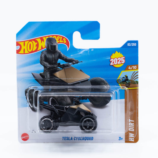 Hot Wheels 1:64 Tesla Cyberquad diecast model showcasing futuristic electric ATV design with sharp lines and matte finish.