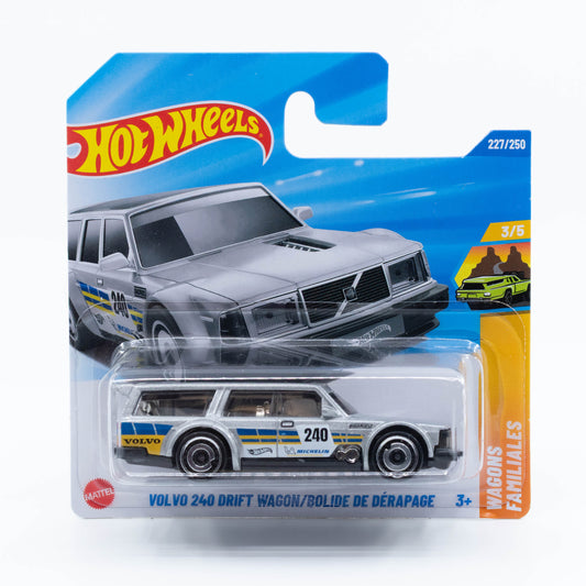 Hot Wheels Volvo 240 Drift Wagon diecast car model in 1:64 scale with lowered stance and custom drift graphics