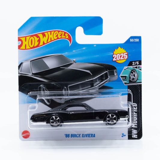Hot Wheels 1:64 ’66 Buick Riviera classic muscle car with chrome accents and sleek body lines.