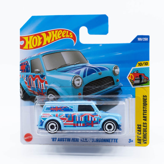 Hot Wheels ’67 Austin Mini Van die-cast car with vintage graphics and classic styling