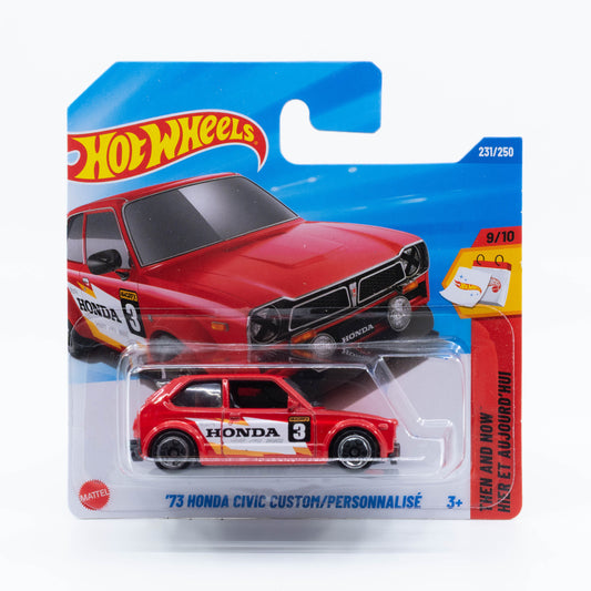 Hot Wheels ’73 Honda Civic Custom diecast car model in 1:64 scale with custom paint and lowered stance