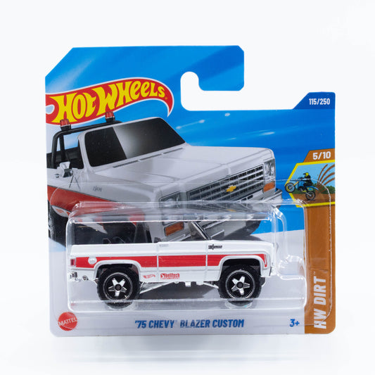 Hot Wheels '75 Chevy Blazer Custom 1:64 scale diecast model with lifted suspension and custom off-road design.