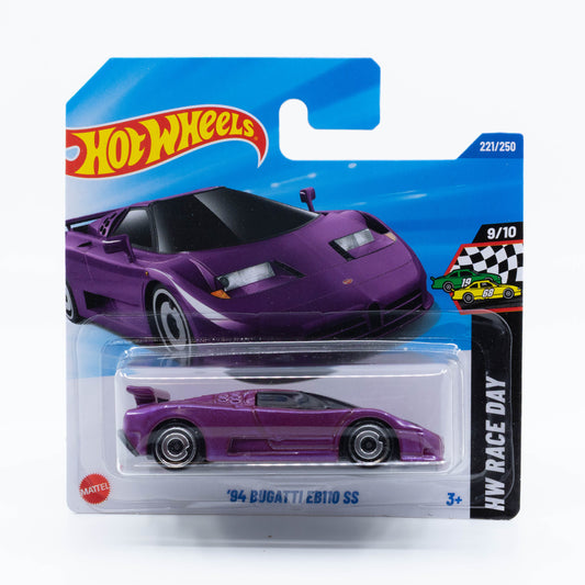 Hot Wheels ’94 Bugatti EB110 SS diecast car model in 1:64 scale with sleek design and rear wing