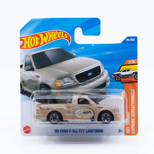 Hot Wheels 1:64 scale diecast model of the 1999 Ford F-150 SVT Lightning pickup truck with detailed graphics and rugged styling.