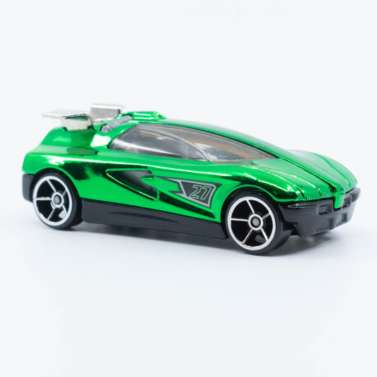 Hot Wheels Octainium die-cast car featuring vibrant green metallic finish with futuristic design. Front