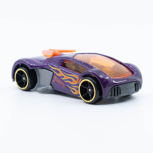 Hot Wheels Phantom Racer die-cast car with sleek purple finish and flame graphics. Front