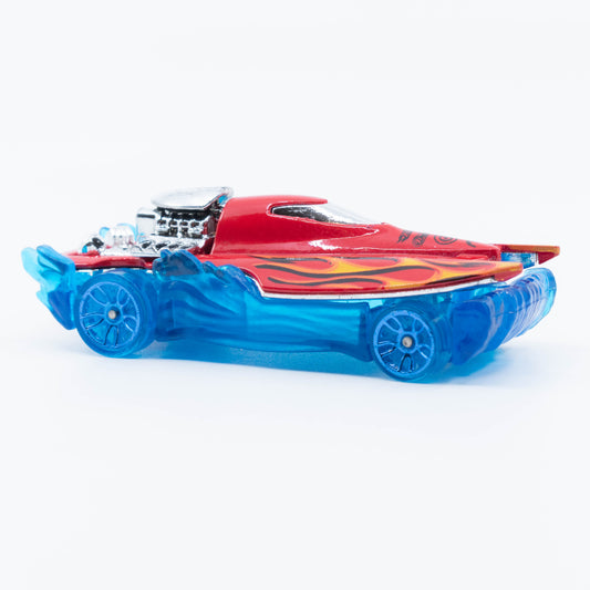 Hot Wheels Mad Splash racing boat with blue translucent wheels and water effect base. Front