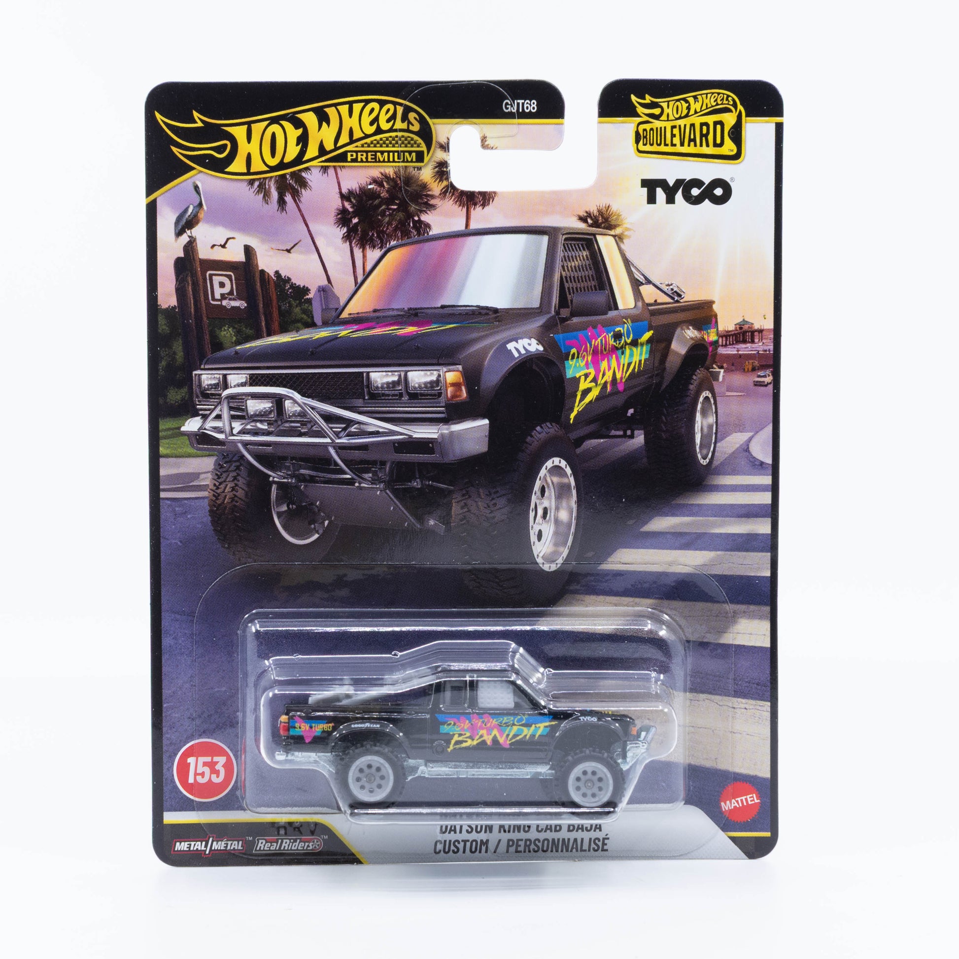 Hot Wheels Boulevard No. 153 Datsun King Cab Baja Custom with Tyco Black Bandit livery.