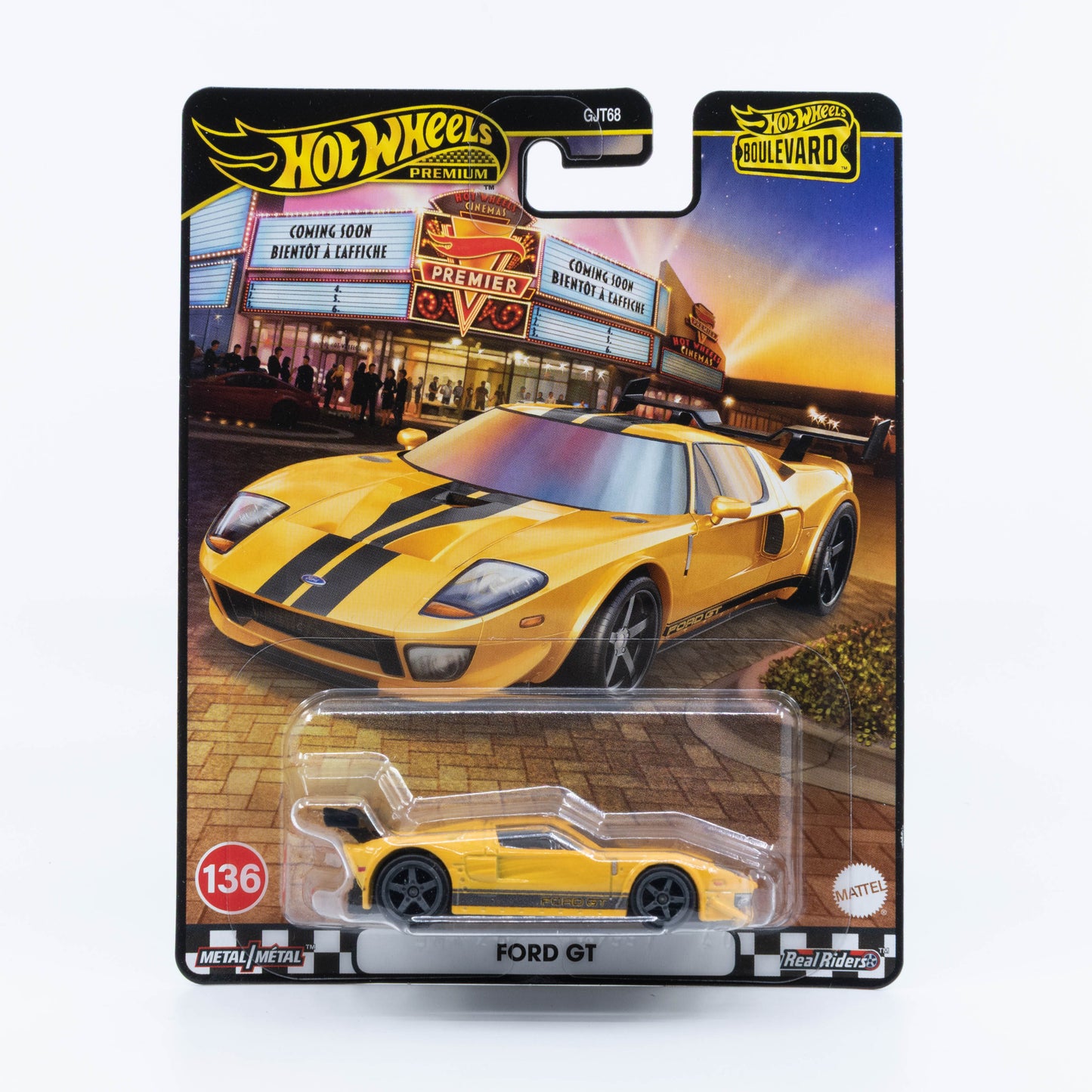 Hot Wheels Boulevard Premium Ford GT yellow with black racing stripes 1:64 diecast model