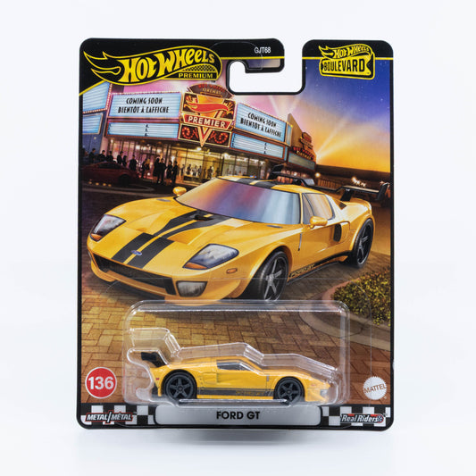 Hot Wheels Boulevard Premium Ford GT yellow with black racing stripes 1:64 diecast model