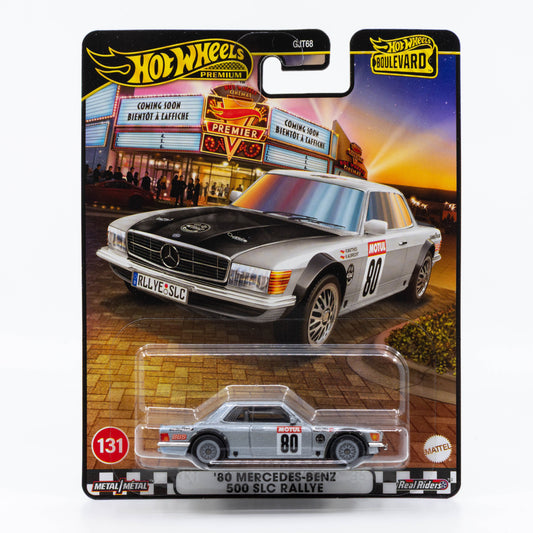 Hot Wheels Boulevard – 1980 Mercedes-Benz 500 SLC Rallye 1:64 diecast car with racing livery and Real Riders wheels.