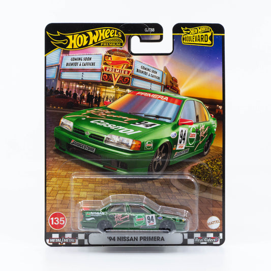 Hot Wheels Boulevard ’94 Nissan Primera in green Castrol livery, featuring racing decals, Real Riders wheels, and detailed metal body and base.