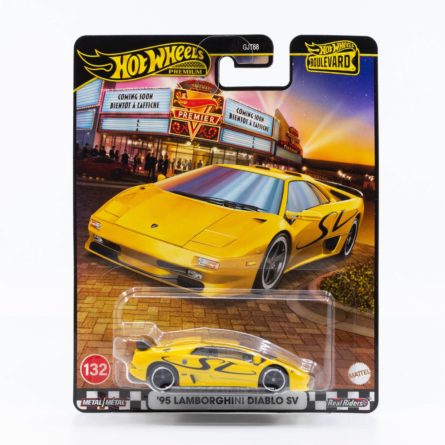 Hot Wheels Boulevard – 1995 Lamborghini Diablo SV in yellow with black SV side graphics, featuring premium Real Riders wheels and a detailed rear wing.