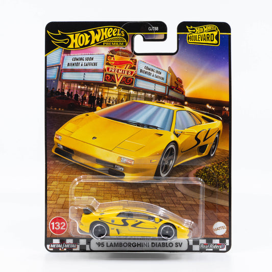 Hot Wheels Boulevard – 1995 Lamborghini Diablo SV in yellow with black SV side graphics, featuring premium Real Riders wheels and a detailed rear wing.