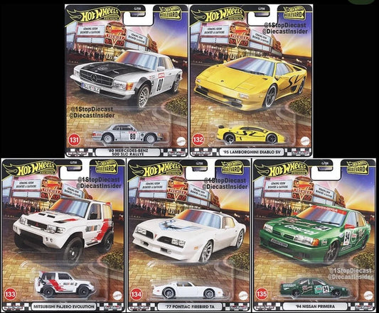Full Hot Wheels Boulevard 2025 Mix 4 set with 5 cars including new Mercedes-Benz 500 SLC and Lamborghini Diablo castings.