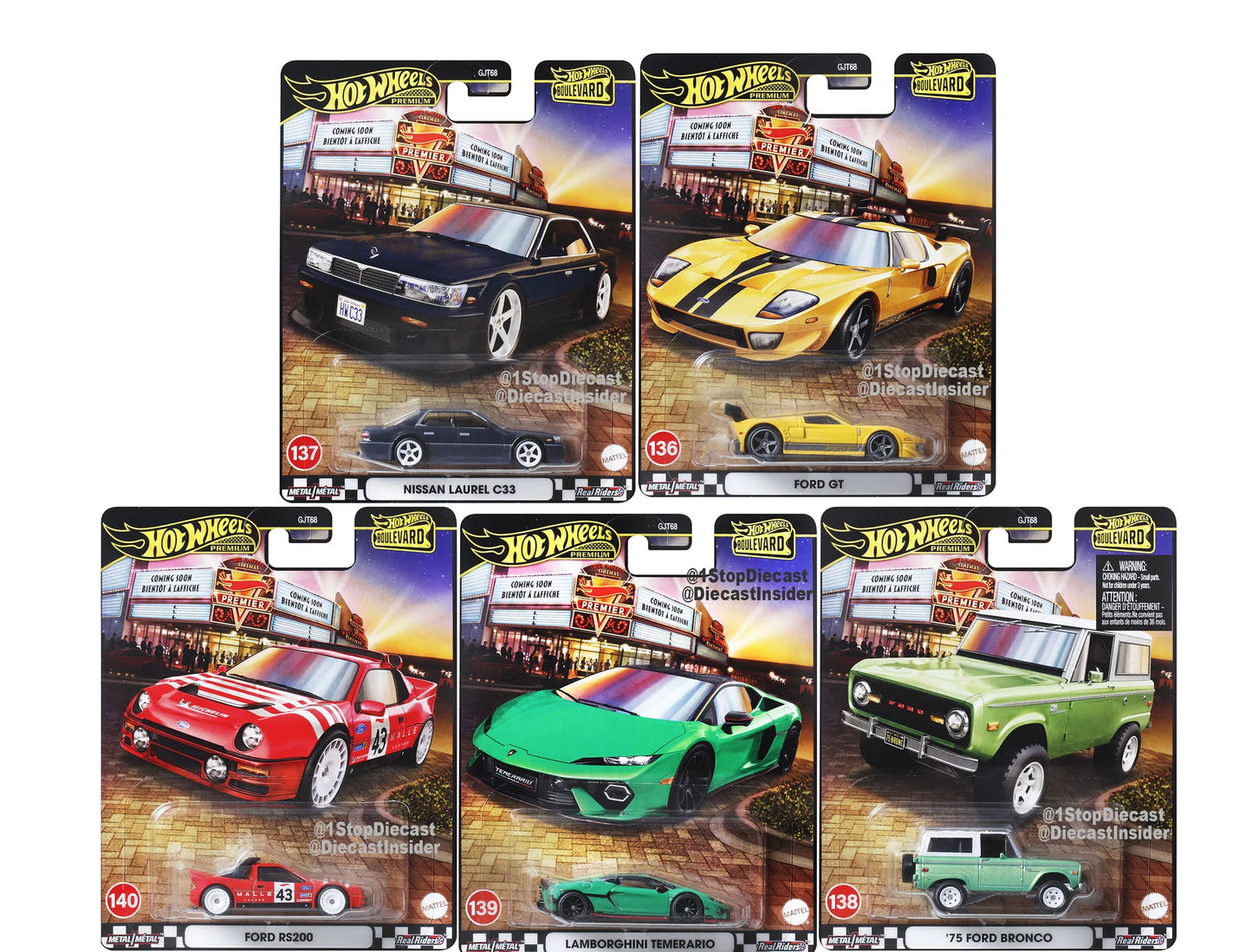 Hot Wheels Boulevard 2025 Mix 5 full set with Ford GT, Nissan Laurel C33, '75 Bronco, Lamborghini Temerario, and Ford RS200.