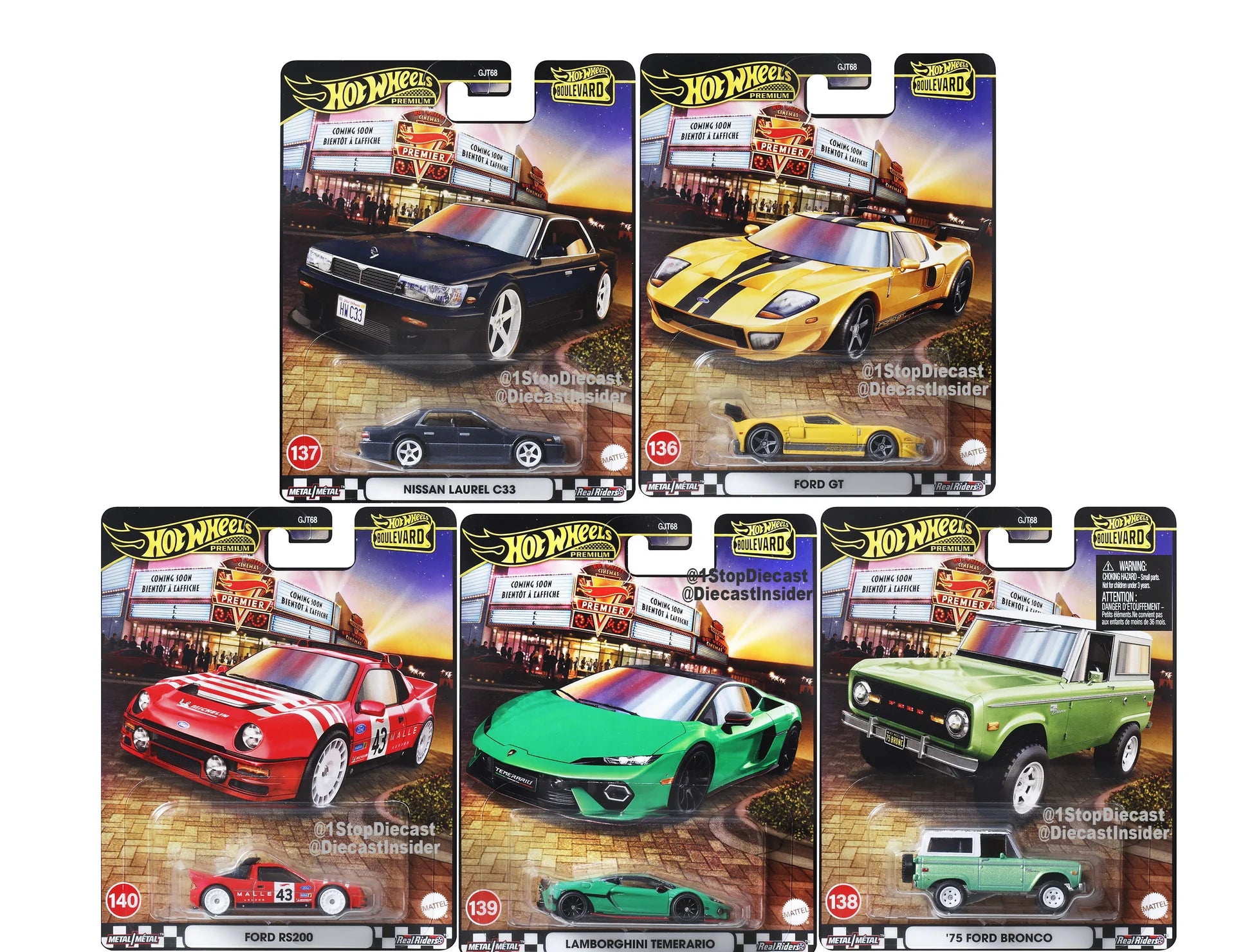 Hot Wheels Boulevard 2025 Mix 5 full set with Ford GT, Nissan Laurel C33, '75 Bronco, Lamborghini Temerario, and Ford RS200.