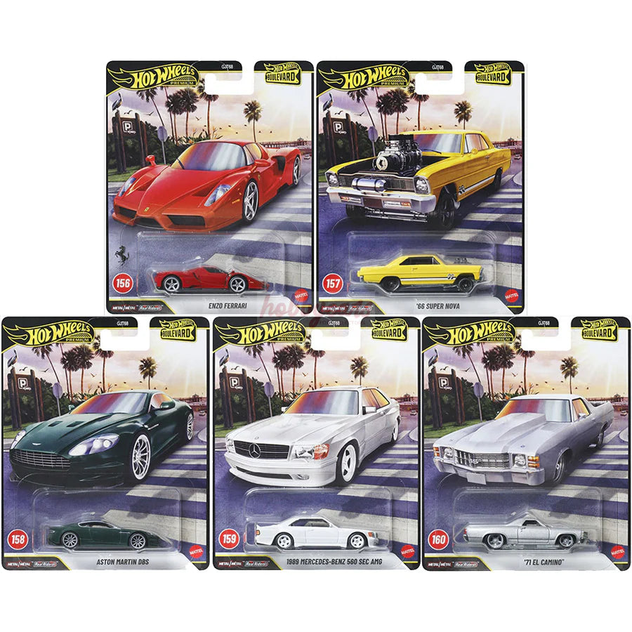 Hot Wheels Boulevard 2026 Mix 4 premium collector set featuring Ferrari, Chevrolet, Aston Martin, Mercedes-Benz, and Chevrolet classics.