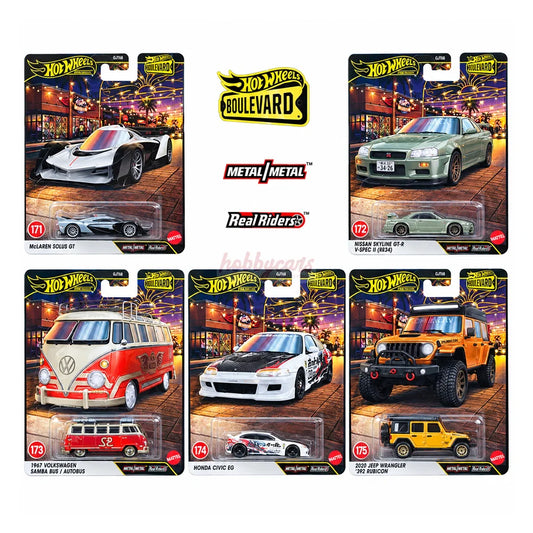 Hot Wheels Boulevard Mix 2 2027 five-car set featuring McLaren Solus GT, Nissan Skyline GT-R, VW Samba Bus, Honda Civic EG and Jeep Wrangler