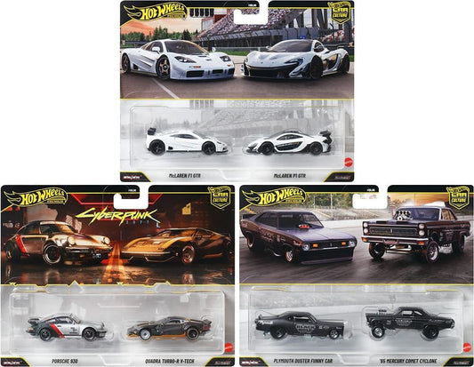 Hot Wheels Premium Car Culture 2-Pack 2026 Mix 4 with McLaren, Cyberpunk 2077 and Black Hole Racing sets.