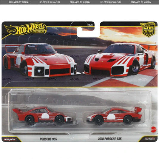 Hot Wheels Porsche 935 classic race car and modern 2018 Porsche 935 in detailed racing liveries with aerodynamic wings.