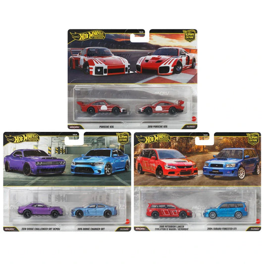 Hot Wheels Car Culture 2-Pack 2026 Mix 1 featuring Porsche 935 & 2018 Porsche 935, Dodge Challenger SRT Demon & Charger SRT, and Mitsubishi Lancer Evolution IX Wagon & Subaru Forester STi.