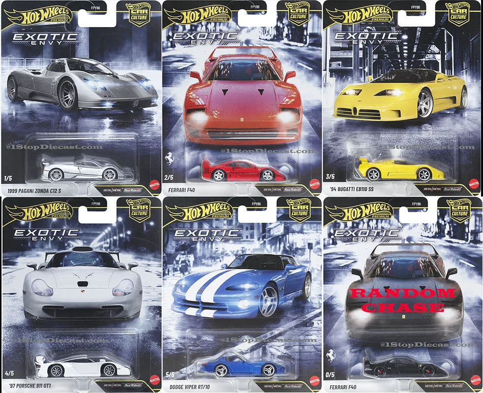 Hot Wheels Car Culture Exotic Envy 2027 five-car set with Pagani Zonda C12 S, Ferrari F40, Bugatti EB110 SS, Porsche 911 GT1 and Dodge Viper