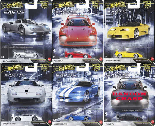 Hot Wheels Car Culture Exotic Envy 2027 five-car set with Pagani Zonda C12 S, Ferrari F40, Bugatti EB110 SS, Porsche 911 GT1 and Dodge Viper