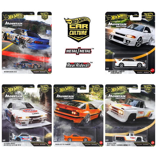 Hot Wheels Car Culture Mountain Drifters set with five Japanese drift cars and the matte black R32 Skyline GT-R Chase.