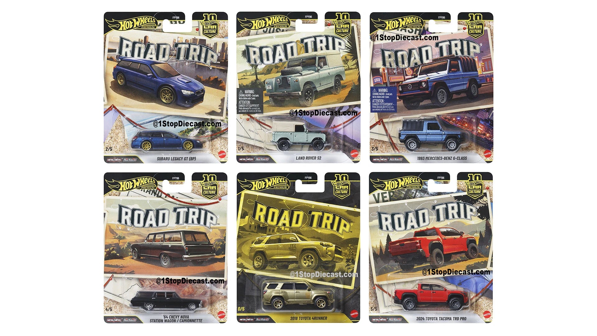 Hot Wheels Car Culture Road Trip premium set featuring off-road vehicles, wagons, SUVs, and the exclusive Toyota 4Runner Chase.