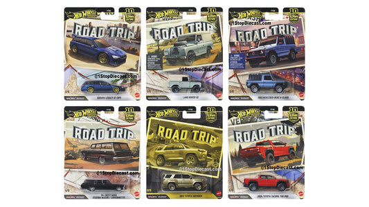 Hot Wheels Car Culture Road Trip premium set featuring off-road vehicles, wagons, SUVs, and the exclusive Toyota 4Runner Chase.