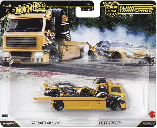 Hot Wheels Team Transport set featuring 2020 Toyota GR Supra sports car with matching Fleet Street hauler in detailed racing livery.