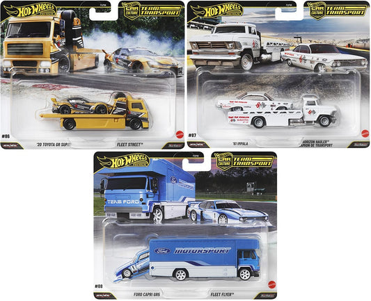 Hot Wheels Car Culture Team Transport 2026 Mix 1 including Toyota GR Supra & Fleet Street, Chevrolet Impala & Horizon Hauler, and Ford Capri GR5 & Fleet Flyer premium diecast sets.