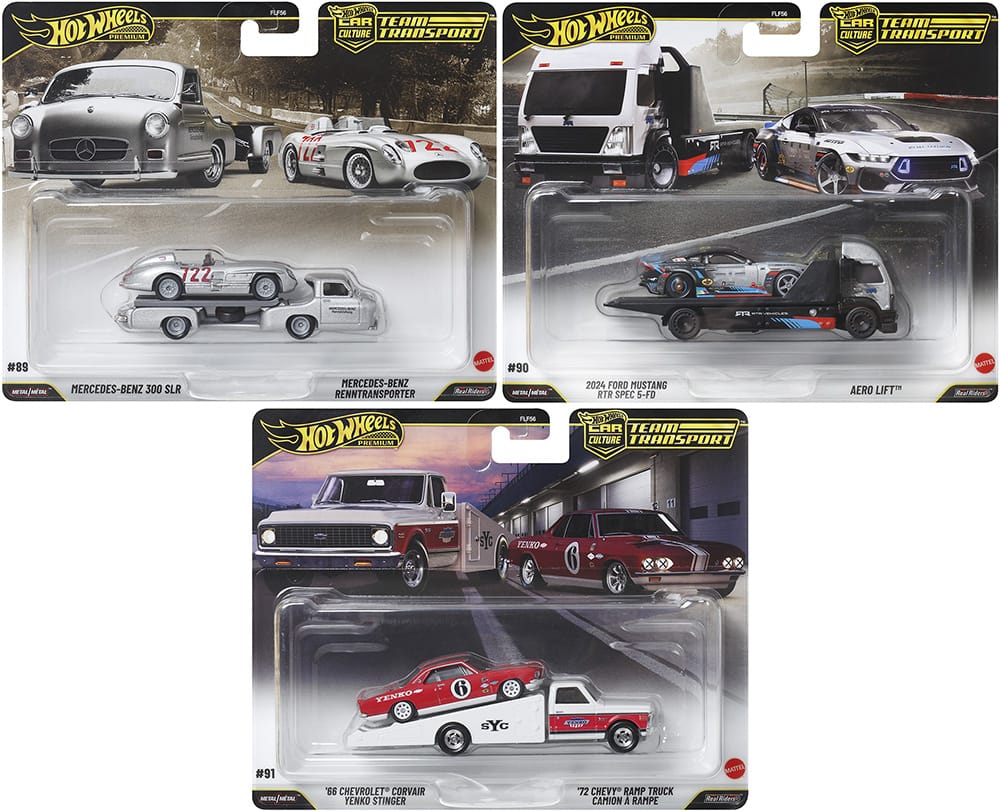 Hot Wheels Team Transport 2026 Mix 2 full set with three premium car and transporter combinations.