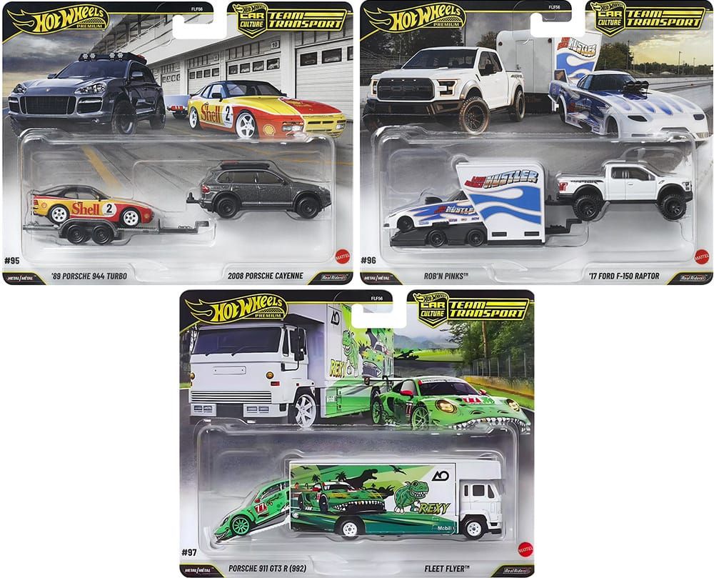 Hot Wheels Car Culture Team Transport 2026 Mix 4 featuring three premium vehicle and transporter combinations.