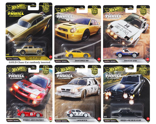 Hot Wheels Car Culture Thrill Climbers set of 5 cars including Subaru Impreza WRX, Porsche 914 Safari, Mitsubishi Lancer EVO VI, Lancia Delta S4, and Mercedes-Benz 300 SEL 6.8 AMG.