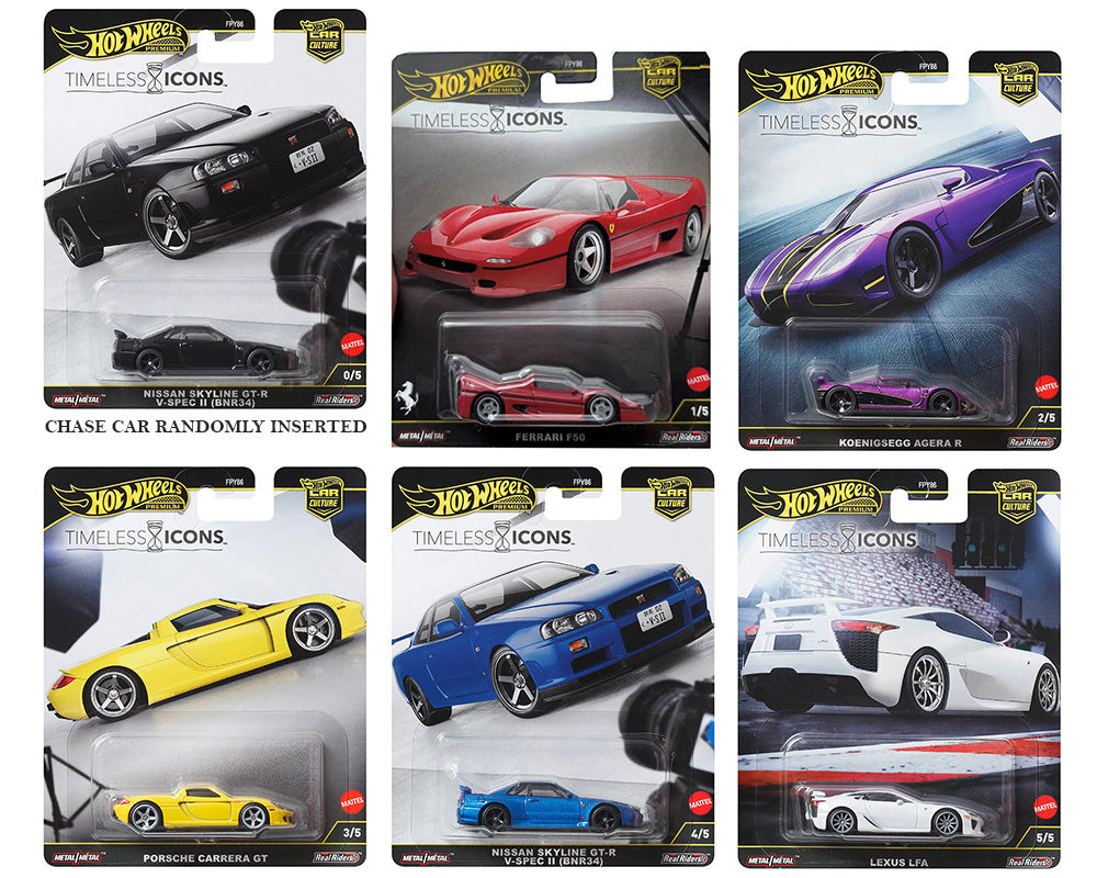 Hot Wheels Timeless Icons set of 5 cars – Ferrari F50, Koenigsegg Agera R, Porsche Carrera GT, Nissan Skyline GT-R BNR34, Lexus LFA