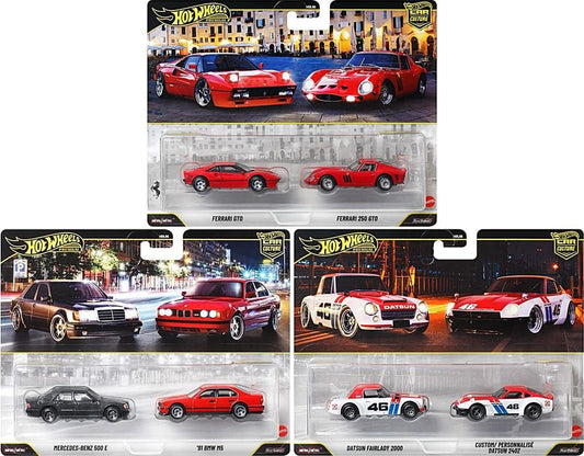 Hot Wheels Car Culture 2-Pack 2027 Mix 1 featuring Ferrari, Performance Sedans and BRE-themed two-car sets.