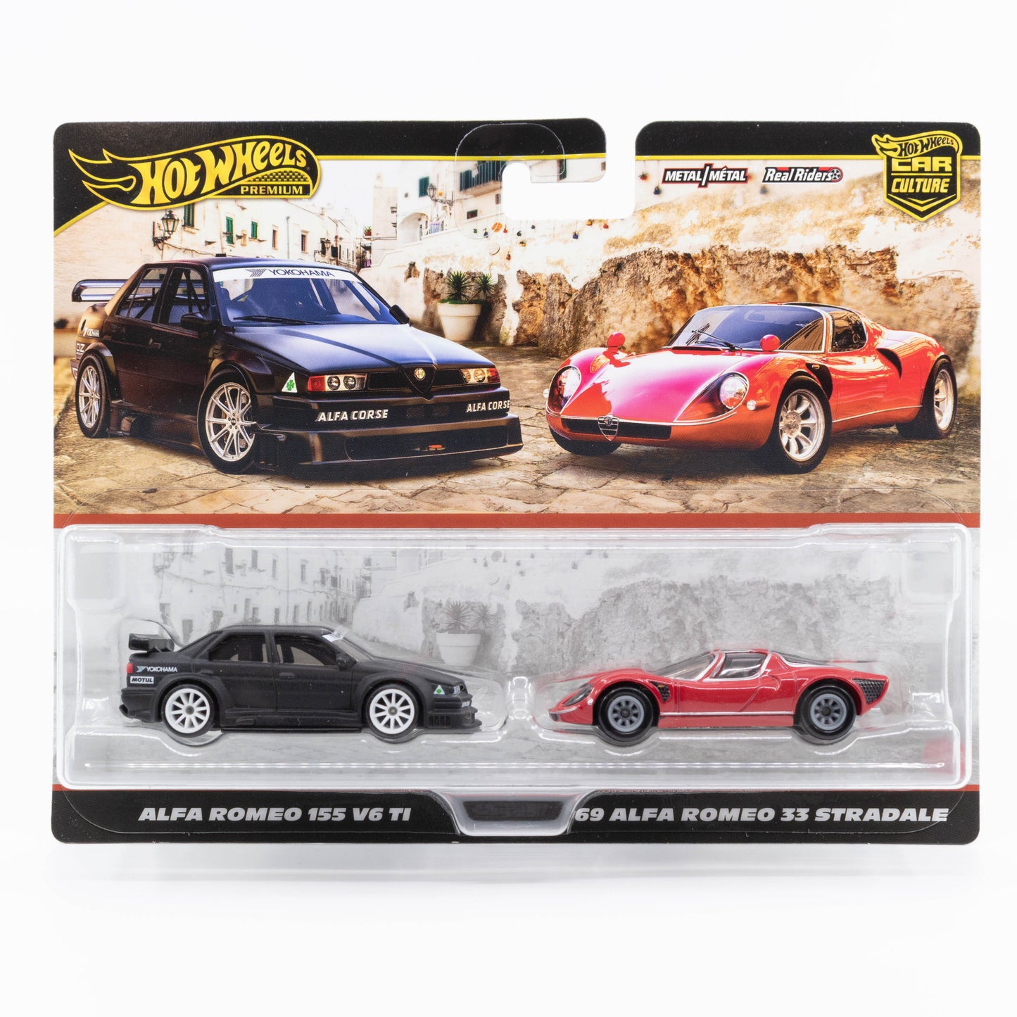Hot Wheels Car Culture 2-Pack Alfa Romeo 155 V6 TI and 1969 33 Stradale premium die-cast models.