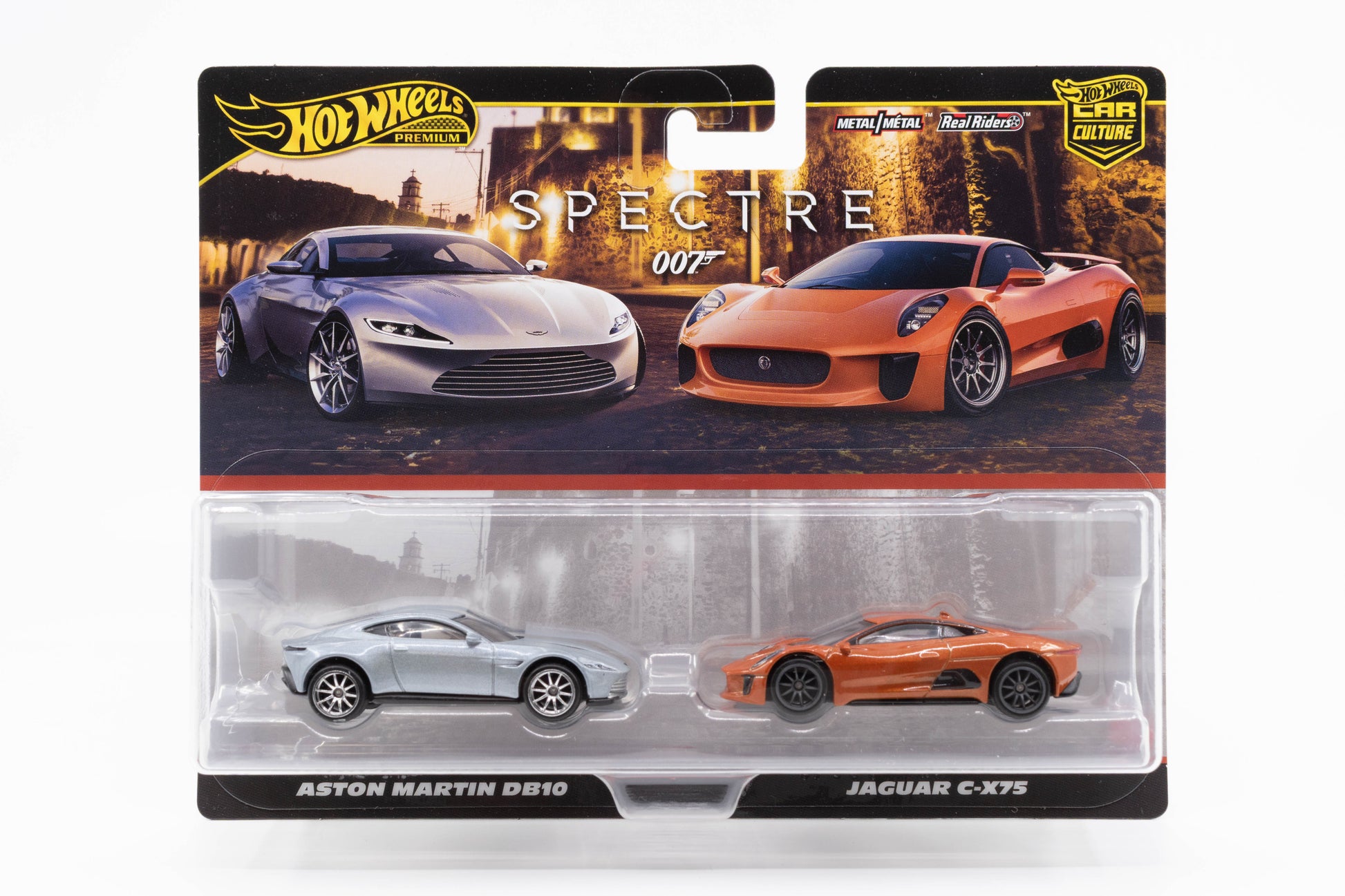 Hot Wheels Car Culture 2-Pack Aston Martin DB10 and Jaguar C-X75 Spectre premium die-cast models.