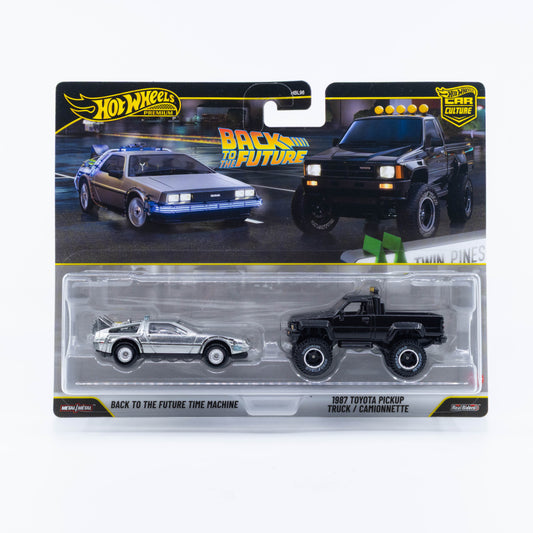 Hot Wheels Back to the Future DeLorean time machine and 1987 Toyota pickup diecast set