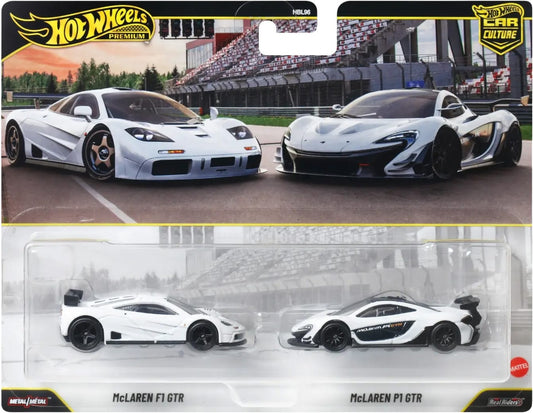 Hot Wheels Premium Car Culture 2-Pack featuring the McLaren P1 GTR and McLaren F1 GTR, both in white.
