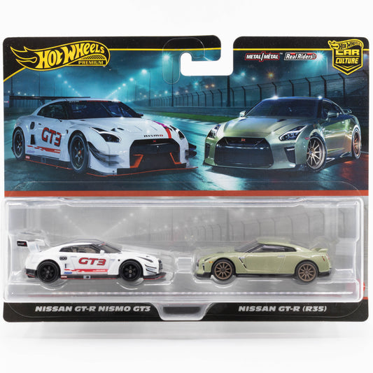 Hot Wheels Car Culture 2-Pack Nissan GT-R Nismo GT3 and Nissan GT-R R35 premium die-cast models.