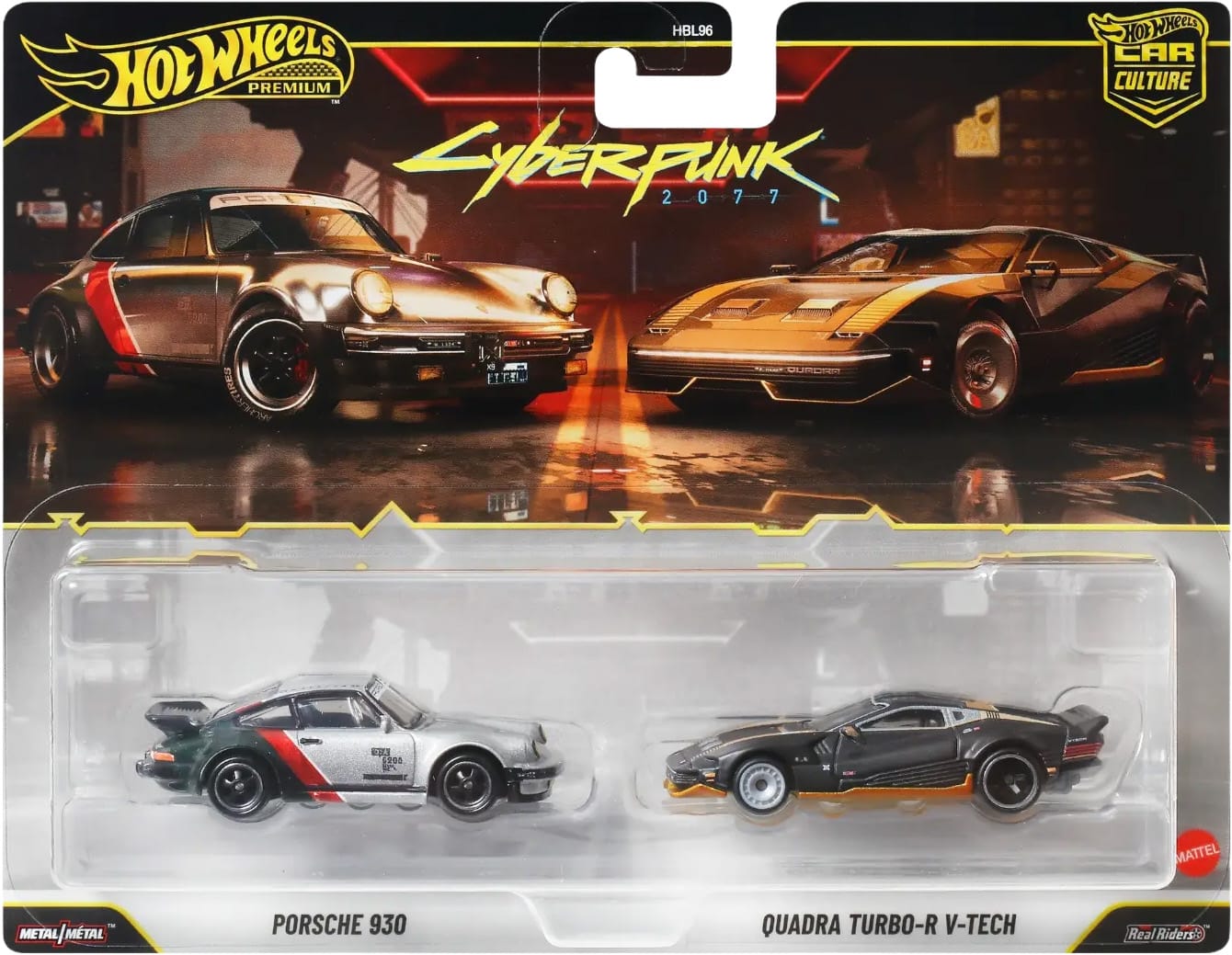 Hot Wheels Premium Car Culture 2-Pack featuring the Quadra Turbo-R V-Tech and Porsche 911 Turbo (930) from Cyberpunk 2077.