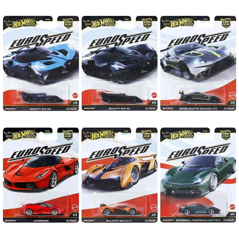 Hot Wheels Car Culture Eurospeed full set with Bugatti Bolide, LaFerrari, Aston Martin Vantage GTE, McLaren Solus GT, and Pininfarina Battista.